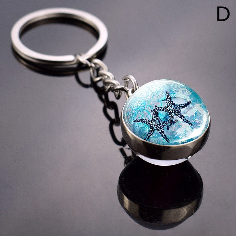 Double Sided Glass Ball Key Ring With Turtle Charm Time Gem
