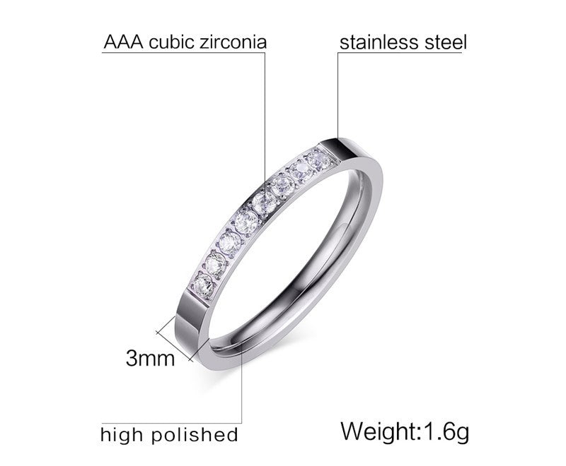 Women Stainless Steel Zircon Ring 3mm Round Prong Setting Engagement Wedding Band Jewelry For Her Durable Fashion