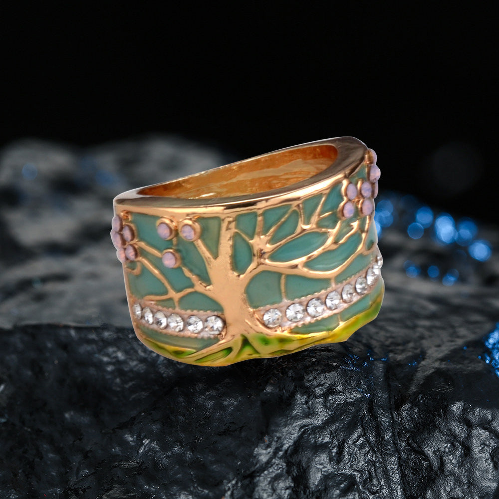 Tree Of Life Gold Plated Ring Floral Alloy Jewelry European And American Style Sizes 6 7 8 9 Length 24 By 16mm