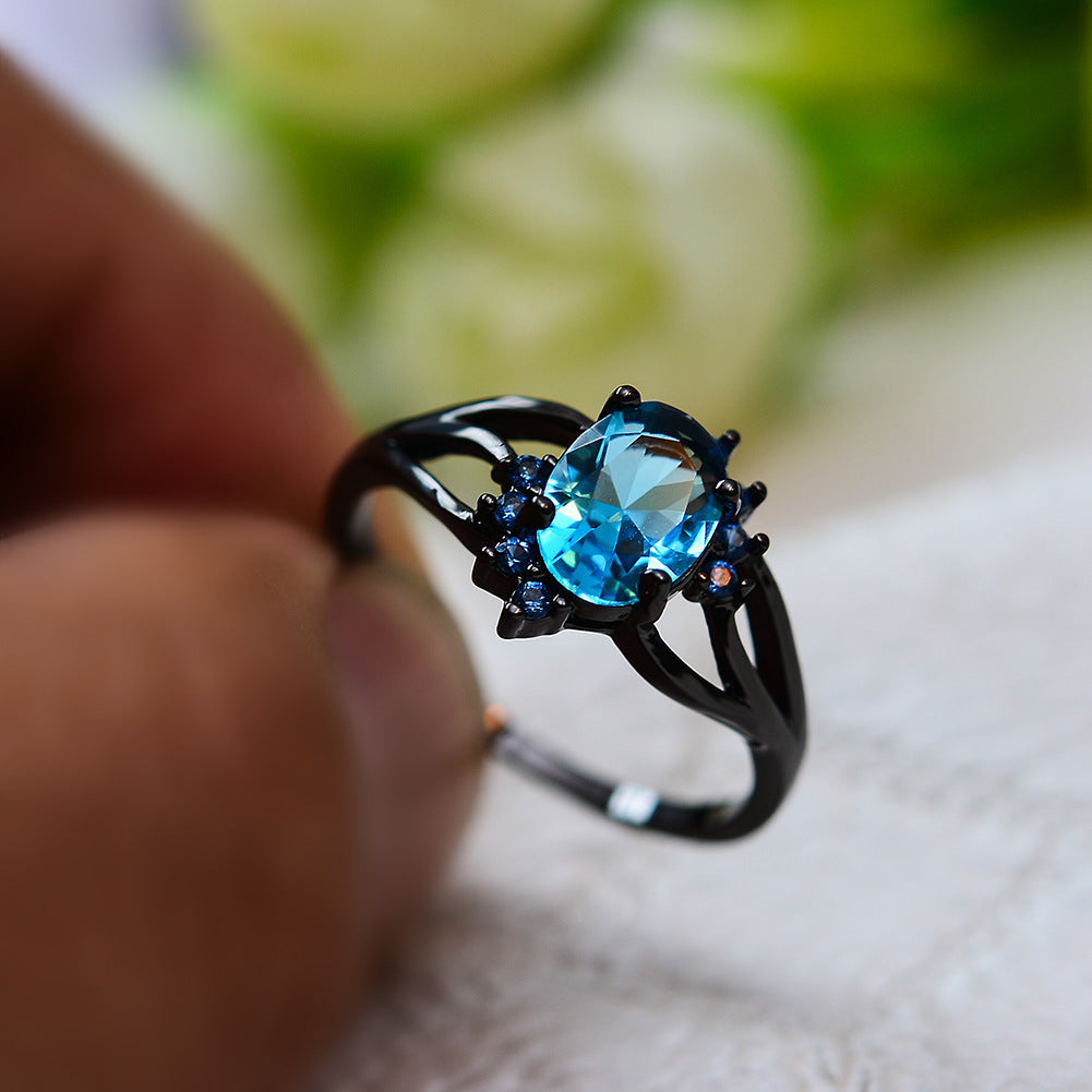 Oval Diamond Zircon Vintage Ring Gold Plated Copper Inlay Black Blue Gemstones Womens Timeless Sparkle Daywear