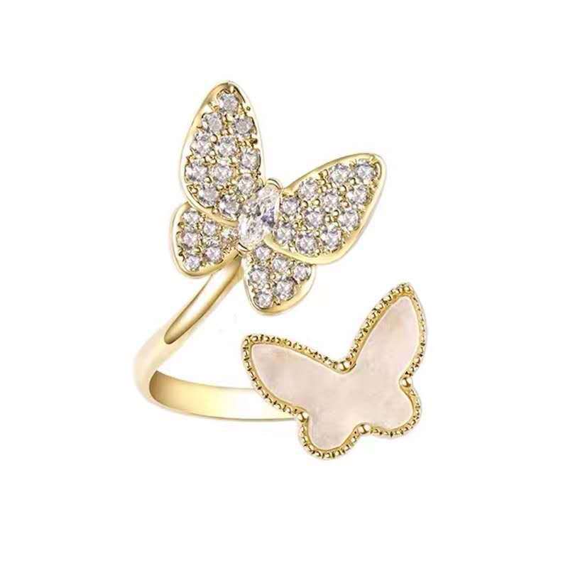 Women's Butterfly Ring 18K Gold Plated Zircon Inlay Adjustable Finger Ring Delicate Fashion Jewelry for Teens.