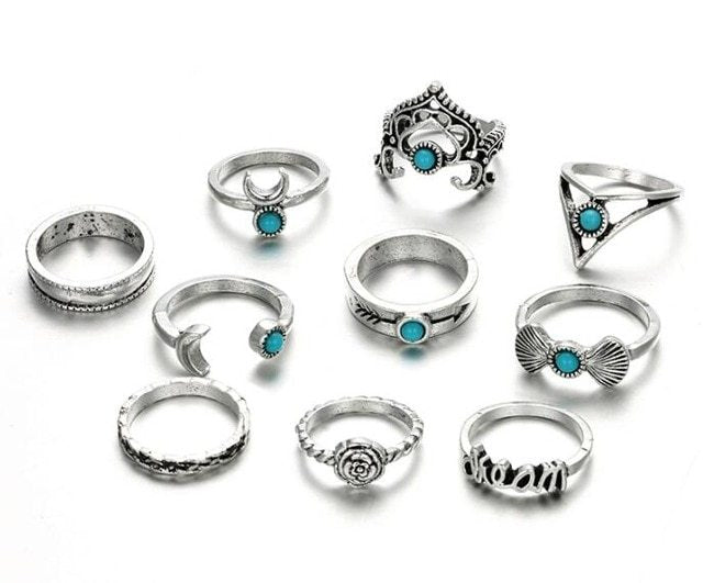 Womens Crescent Turquoise Ring Set With Alloy And Artificial Gems And Semi Precious Stones Fashion Jewelry Rings