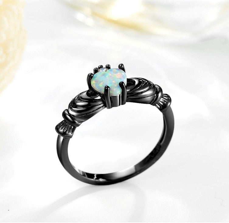 Womens Heart Opal Crown Ring Gunmetal Cocktail Jewelry Durable High Quality Elegant Style Gift For Ladies Chic