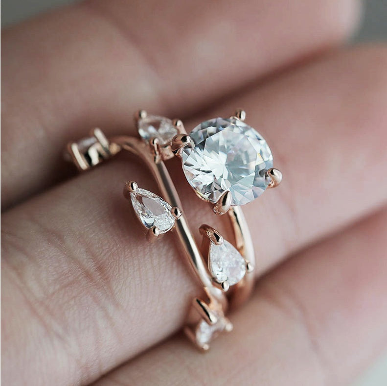Leaf Shaped Zircon Ring Rose Gold Plated Copper Jewelry Elegant Statement Ring For Women Size No 6 To No 10 Ring