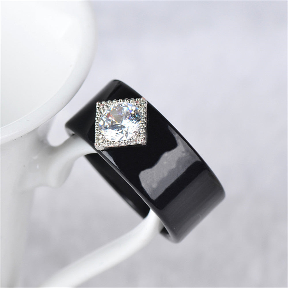 Couple Rings Geometric Alloy Ring Set With Inlaid Zircon Stones Chamfered Square Pattern Elegant Matching Bands Black