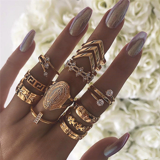 Vintage Geometric Ring Set Alloy Gems Inlay Jewelry