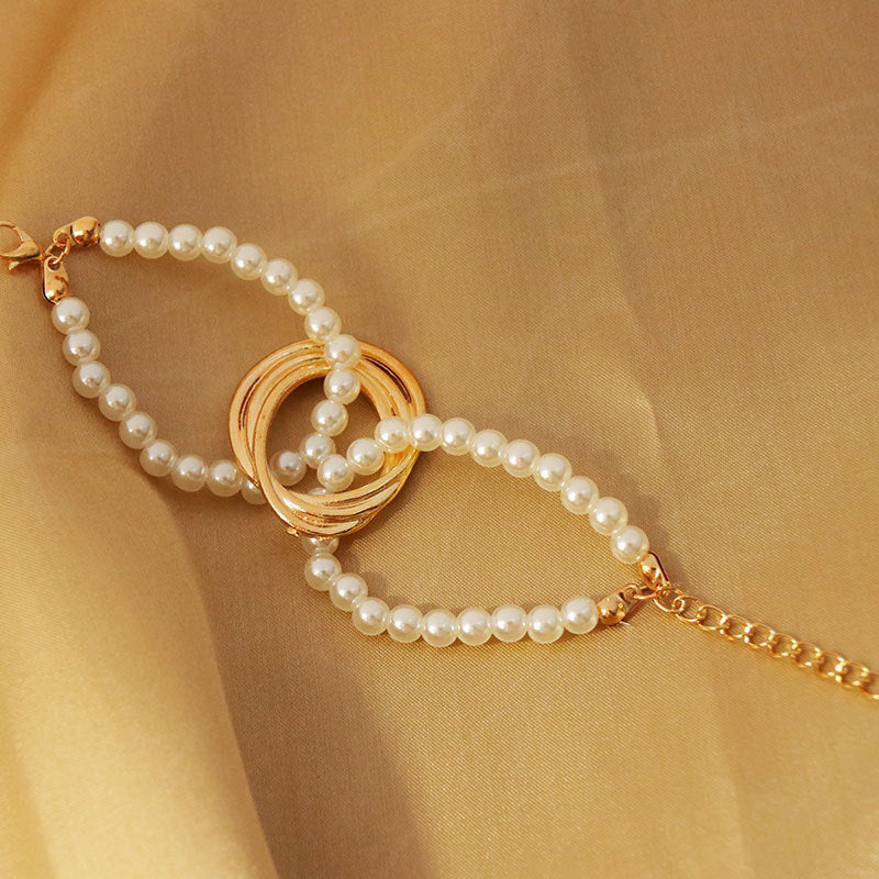 Womens Pearl Geometric Bracelet Electroplated Gold Finish Alloy Jewelry Adjustable Circumference 17 5cm Finish