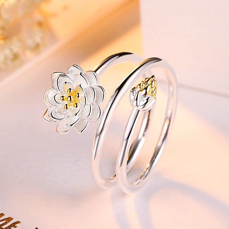 Copper Lotus Flower Ring Adjustable Elegant Jewelry For Women Creative Design Electroplated Ring Jewelry Beauty