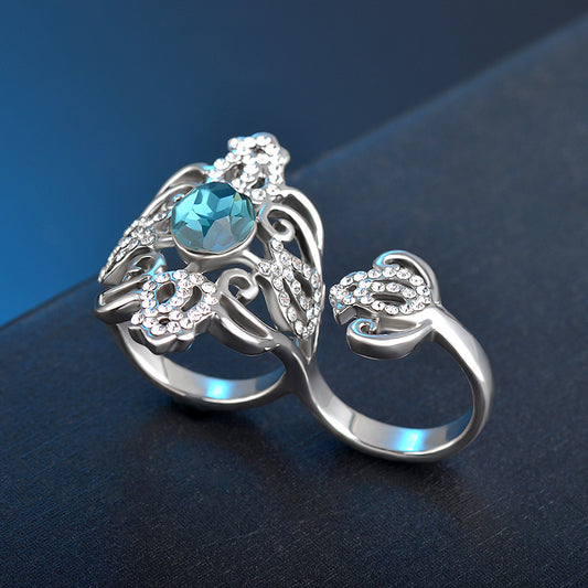 Bohemian Openwork Diamond Gemstone Double Ring Gold Plated Flower Design Jewelry For Women Elegant Fashion Accessory