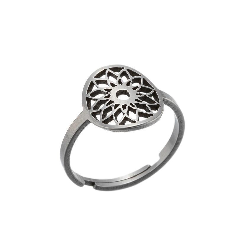 Stainless Steel Adjustable Ring Hollow Geometric Flower Design With Fruit Motif For Women Fashion Jewelry European Style