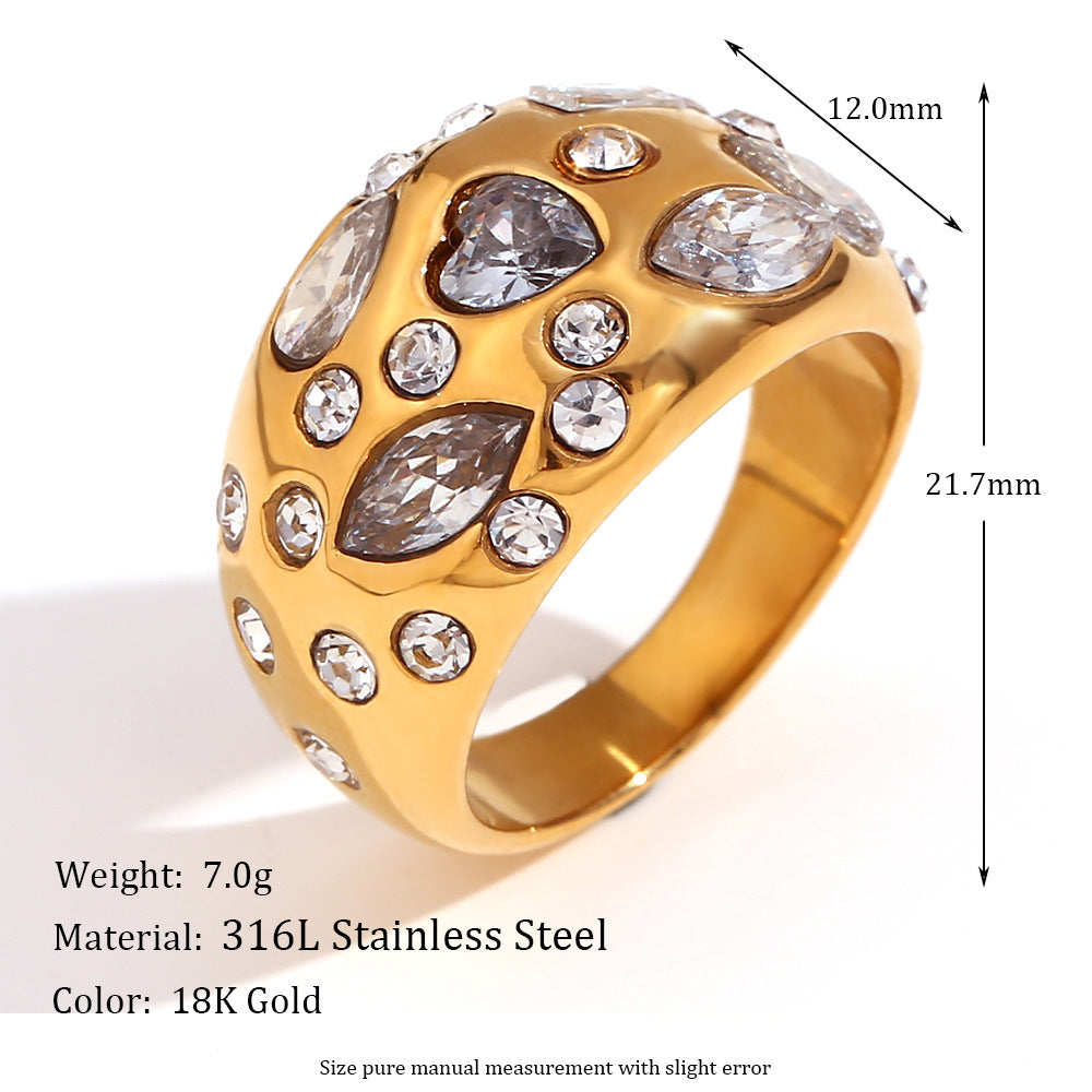 Timeless Beloved Heart Zircon Dome Ring Stainless Steel Electroplated Gold White Finish For Her Fashion Jewelry