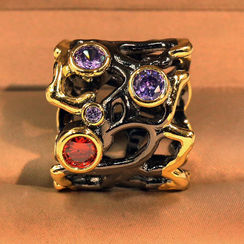 Women's Black Gold Plated Ring With Colored Stone Inlay Hollow Design Brass Gemstone Jewelry European Inspired