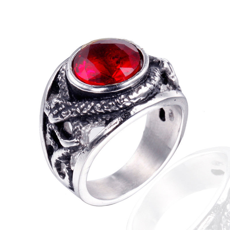 Mens Titanium Steel Ring Retro Gem Snake Design Geometric European Styles Red Diamond Accent Seven To Thirteen