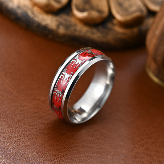 Titanium Steel Spider Ring With Oil Dripping Patch Design Beveled Edge Band Ring For Men Bold Patch Ring Style