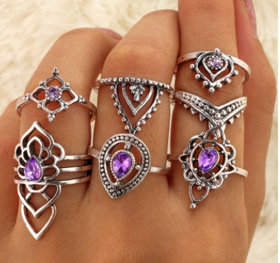 Womens Retro Purple Crystal Ring Set 7 Piece Hollow Flower Diamond Alloy Rings Fashion Jewelry Elegant Sparkle