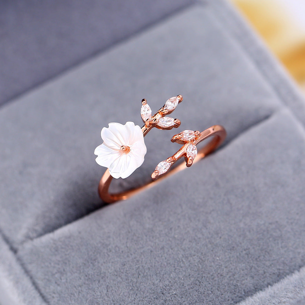 Rose Gold Plated Open Ring With Zircon Branches And Leaves Design Copper Adjustable Rings Shell Flower Details