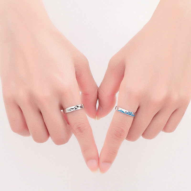 925 Sterling Silver Wave Design Couple Rings Epoxy Finish Matching Promise Bands For Him And Her For Every Day