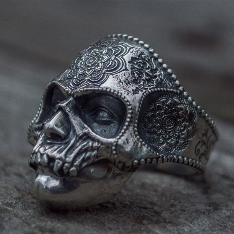 Silver Tone 316L Stainless Steel Skull Ring For Men Mandala Flower Santa Muerte Biker Jewelry For Street Style