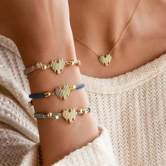 Womens Handwoven Heart Design Bracelet With Red String Accent Alloy Bangle Versatile Fashion Jewelry Gift Idea