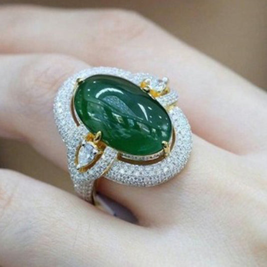 Womens Metal Ring Inlaid Green Diamond Geometric Design Electroplated Finish Elegant Ring Glowing Stone Accent
