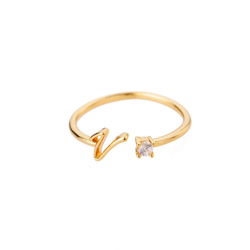 Gold Plated Initial Ring Copper Open Design A to Z Letter Jewelry for Women Diamond Cut Accent Fashion Jewelry