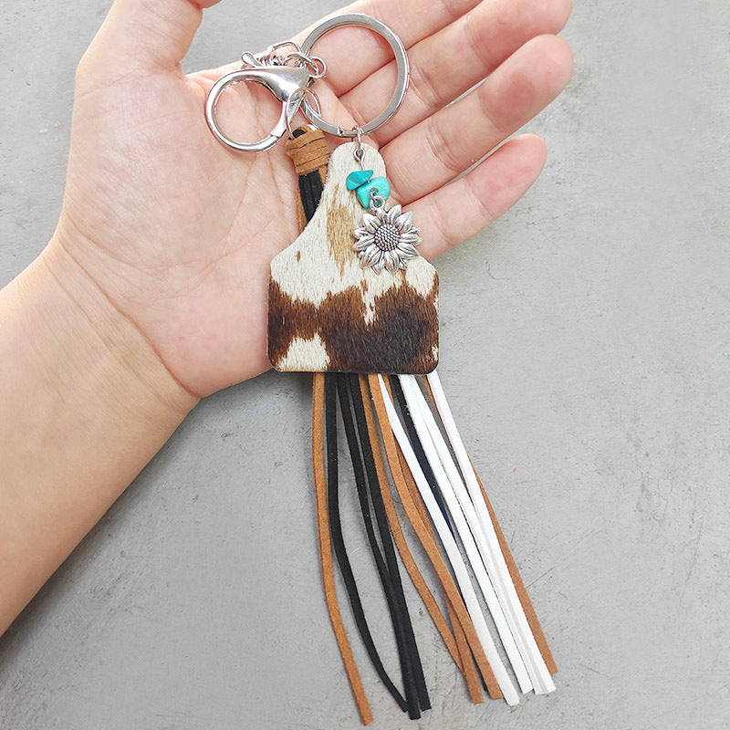Womens Leather Keychain Turquoise Sunflower Charm Geometric Cow Design Tassel Electroplated Keyring Sweet Charm