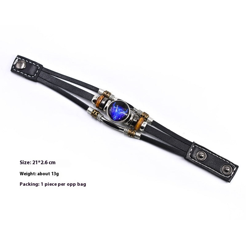 Woven Leather Bracelet With Three Layer Beads And Metal Accents Retro Ethnic Patterned Distressed Constellation