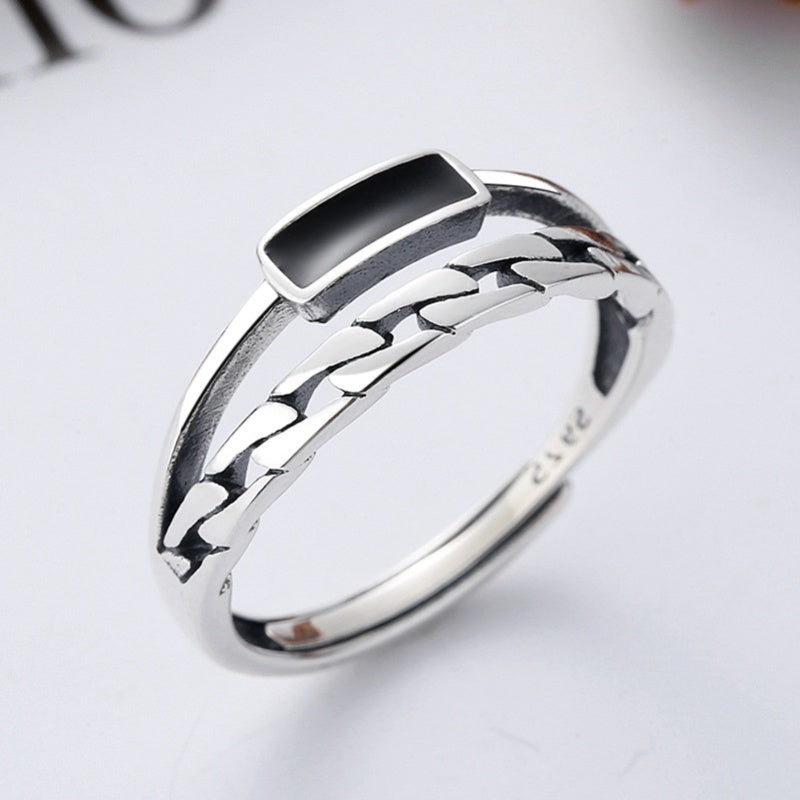Sterling Silver Ring Distressed Chain Hollow Stitching Epoxy Korean Geometric Design Fashion Jewelry Ring for Women or