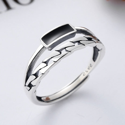 Sterling Silver Ring Distressed Chain Hollow Stitching Epoxy Korean Geometric Design Fashion Jewelry Ring for Women or