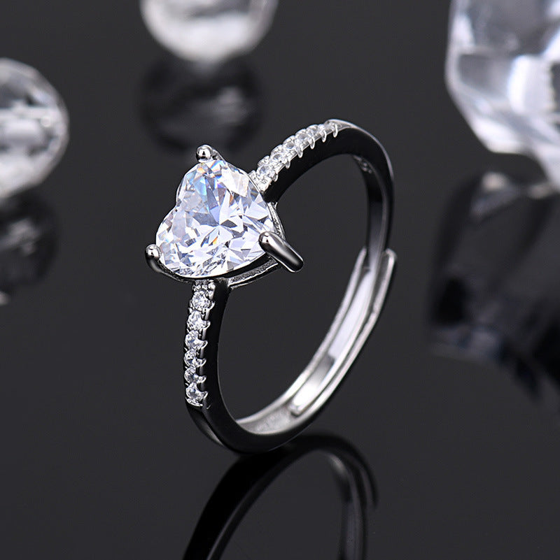 Sterling Silver Open Heart Ring With Micro Rhinestones Three Claw Setting Adjustable Size For Women And Trendy