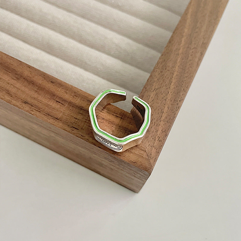 Unisex Open Adjustable Sterling Silver Ring Geometric Design With Exaggerated English Letter Motif Modern Look