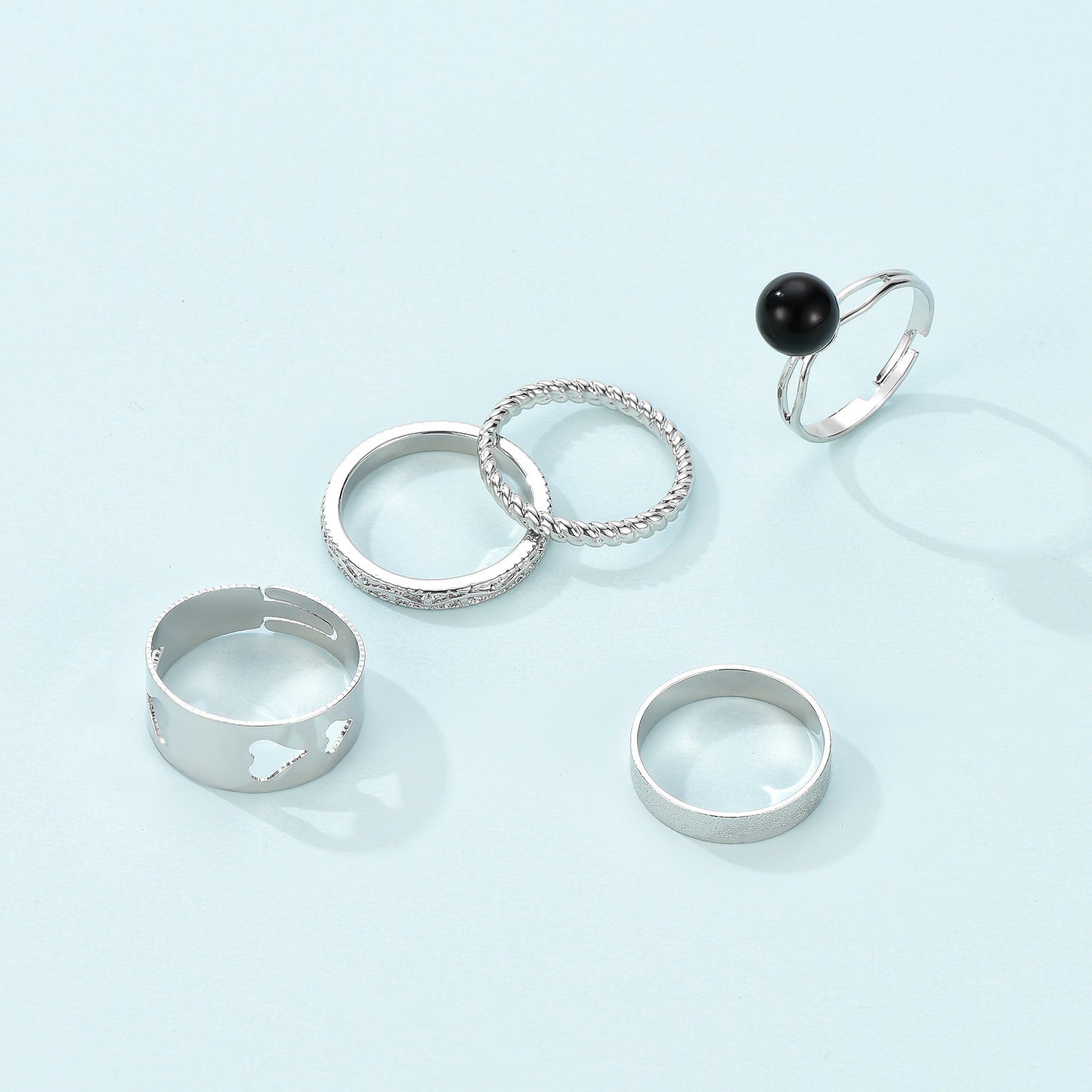 Womens Hollow Heart Ring Set Silver Tone Geometric Design Stackable Alloy Rings Chic Everyday Accessory Timely