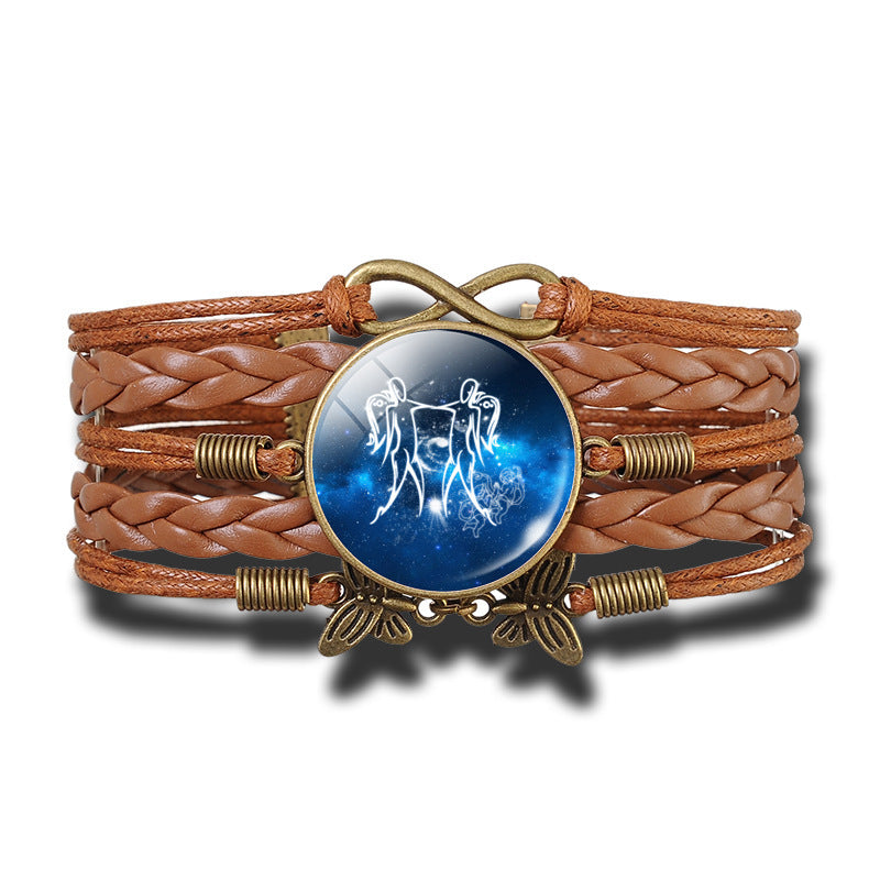 Woven Constellation Leather Bracelet Adjustable Vintage Style with Gemstone Pendant and Extender Chain Jewelry