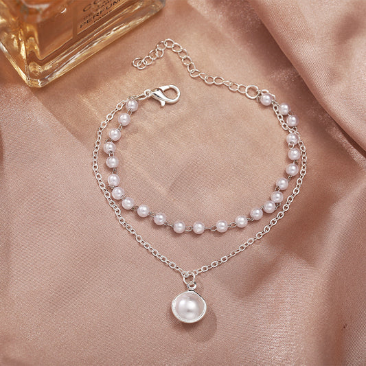 Womens Pearl Bracelet Double Layer Retro Alloy Jewelry