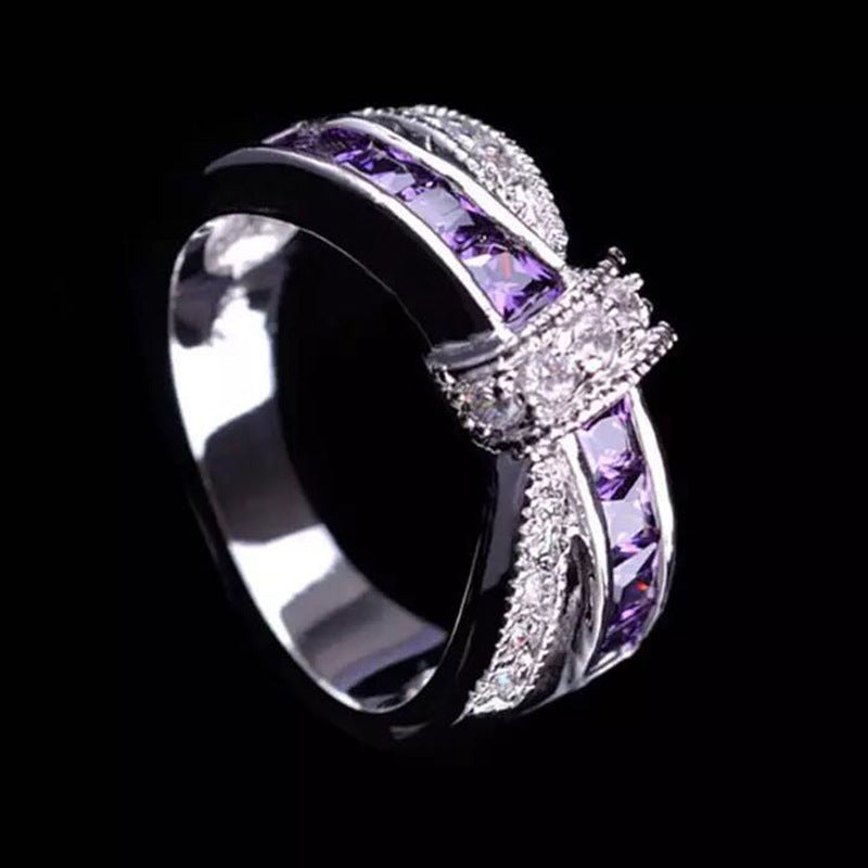 Electroplated Geometric Metal Ring With Amethyst Accents And Diamond Detailing European Style Single Packed In
