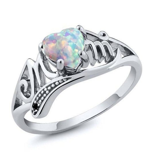 Mother Ring With Inlaid Opal Gemstones Heart Shaped Alloyed Band Perfect Gift For Mothers Birthday Anniversary