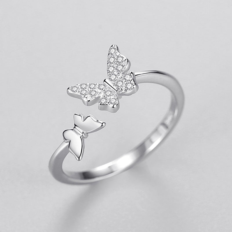 Adjustable Sterling Silver Ring Gold Plated With Inlaid Gems Insect Butterfly Design Fashion Index Finger Ring US5