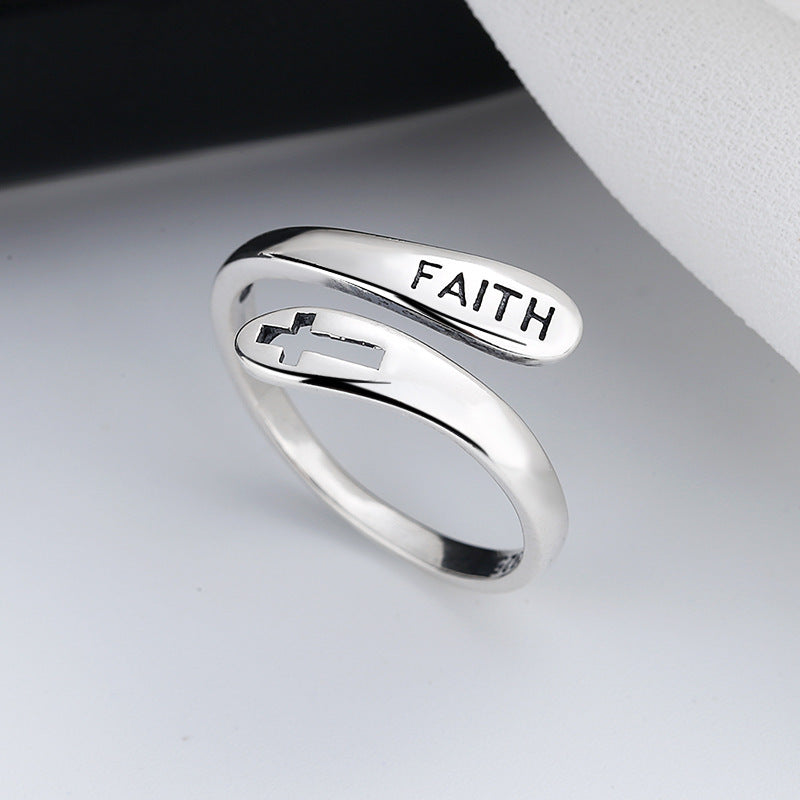 Womens Silver Ring Faith Cross Hong Kong Retro Antique Design Adjustable Opening Letters Retro Rings Geometric