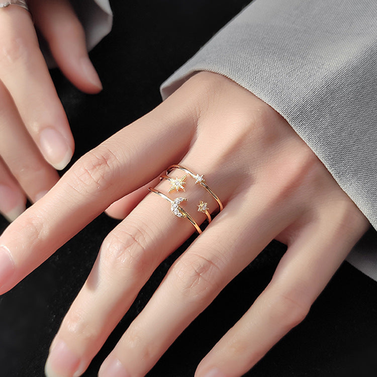 Star Moon Ring Silver Korean Style Inlaid Crystal Text Letters Jewelry Adornment for Wedding Gift and Modern Romance