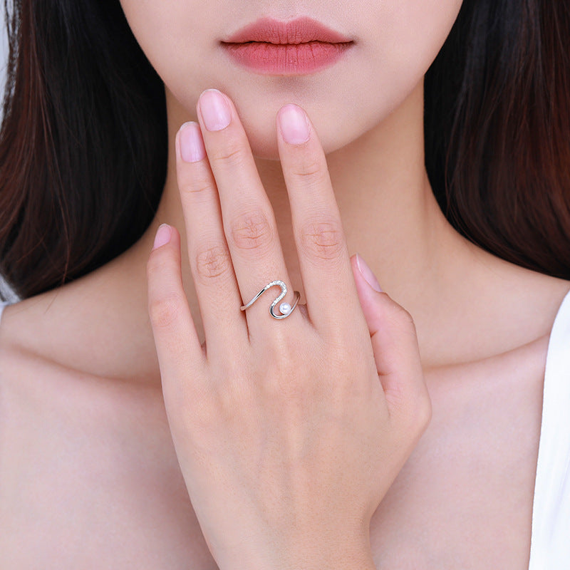 Womens Sterling Silver Ring Pearl Inlay Geometric Design With Gold Plated Artificial Gemstones Korean Fashion Ring