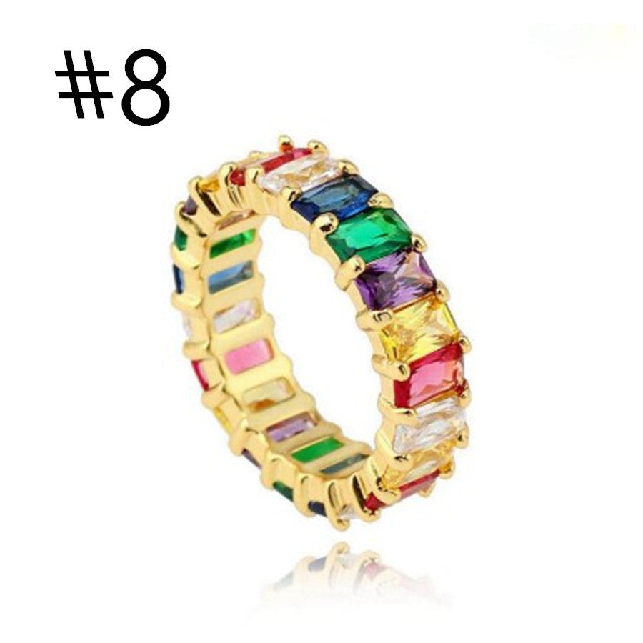 Seven Colored Zircon Rings Set In Metal Plating With Mosaic Gemstone Accents Size 6 7 8 9 Metal Plated Mosaic Gemstone