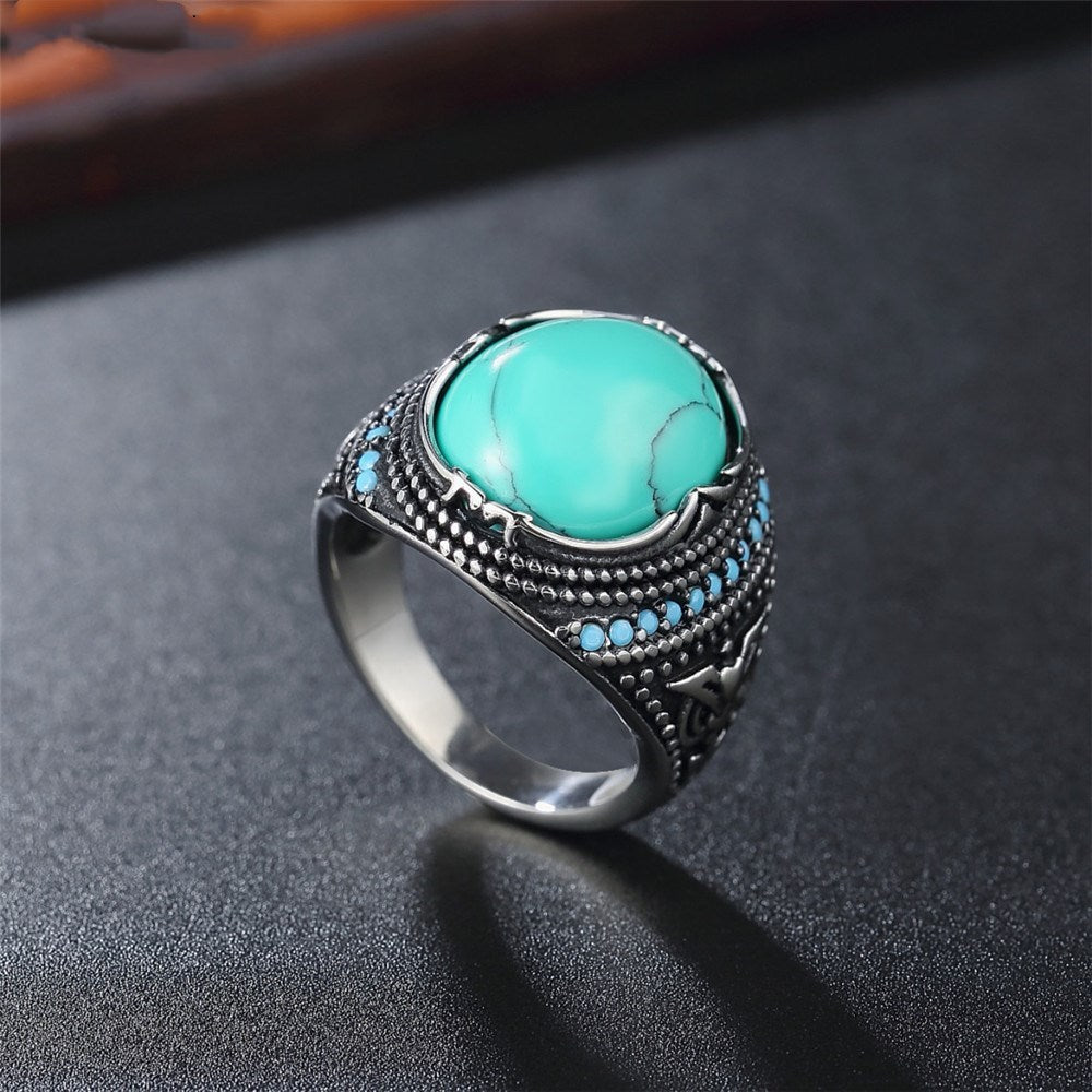 Mens Stainless Steel Wedding Band Punk Ring Round Fashionable Exquisite Turquoise Inlaid Rings Polished Finish