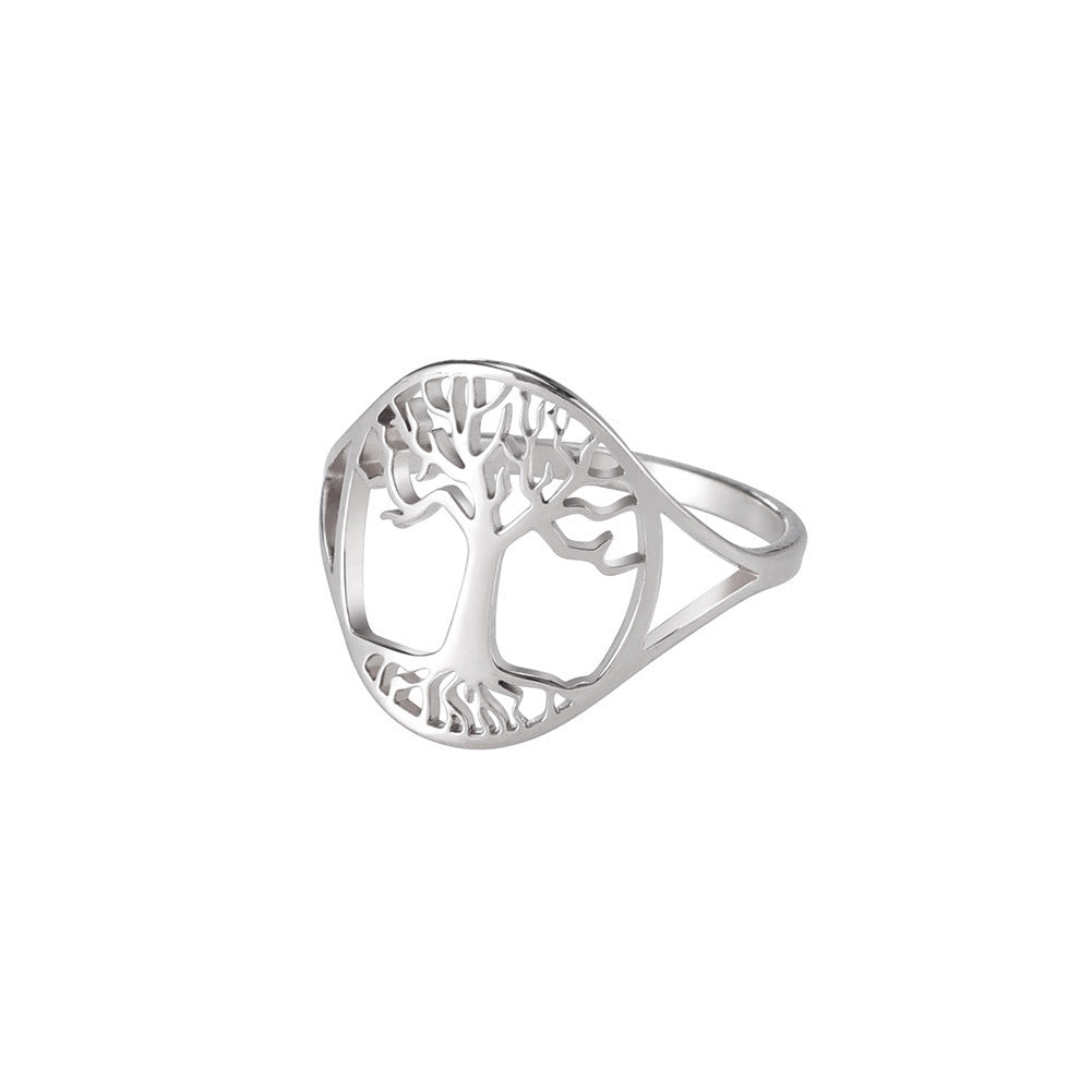 Unisex Stainless Steel Ring With Hollow Tree Design Fashion Band Electroplated Durable Finish For Everyday Wear