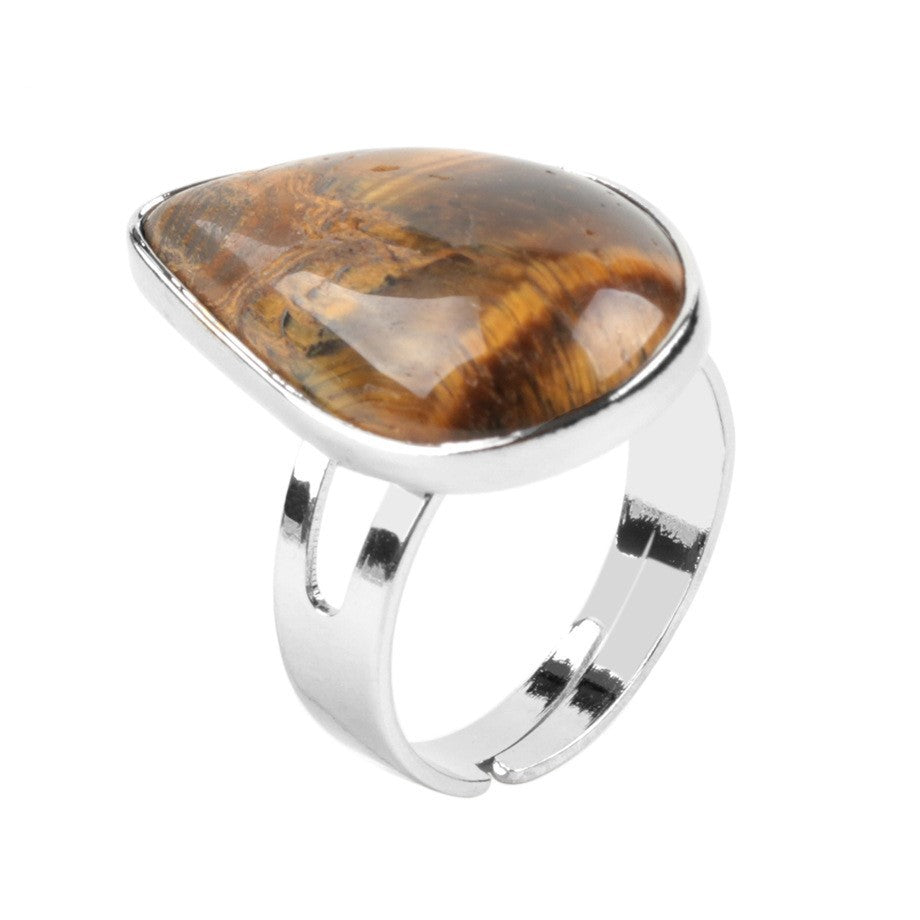 Unisex Ring With Water Drop Design Copper Inlay Natural Stone Jewelry Opal Rose Quartz Tiger Eye Golden Sandstone
