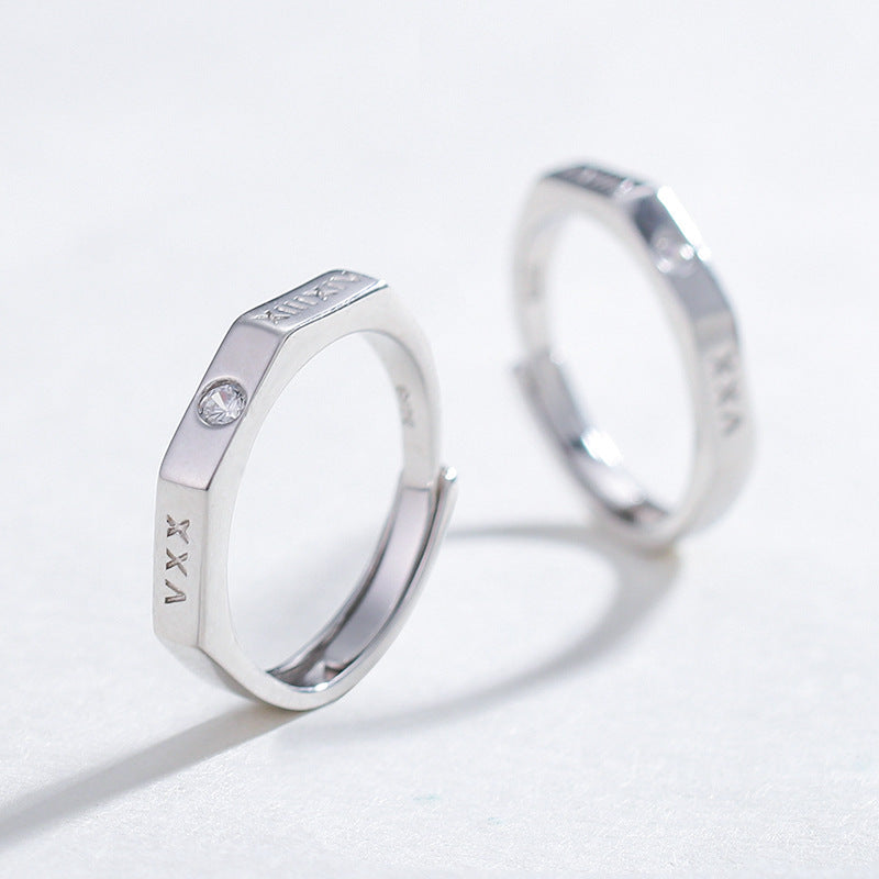 Couple Ring 925 Sterling Silver Roman Numeral Matching Rings For Men And Women Adjustable Opening Band Stylish