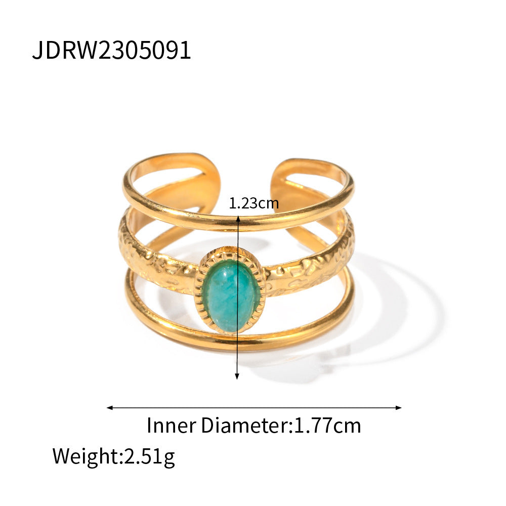 Women Natural Stone Geometric Open Ring Stainless Steel