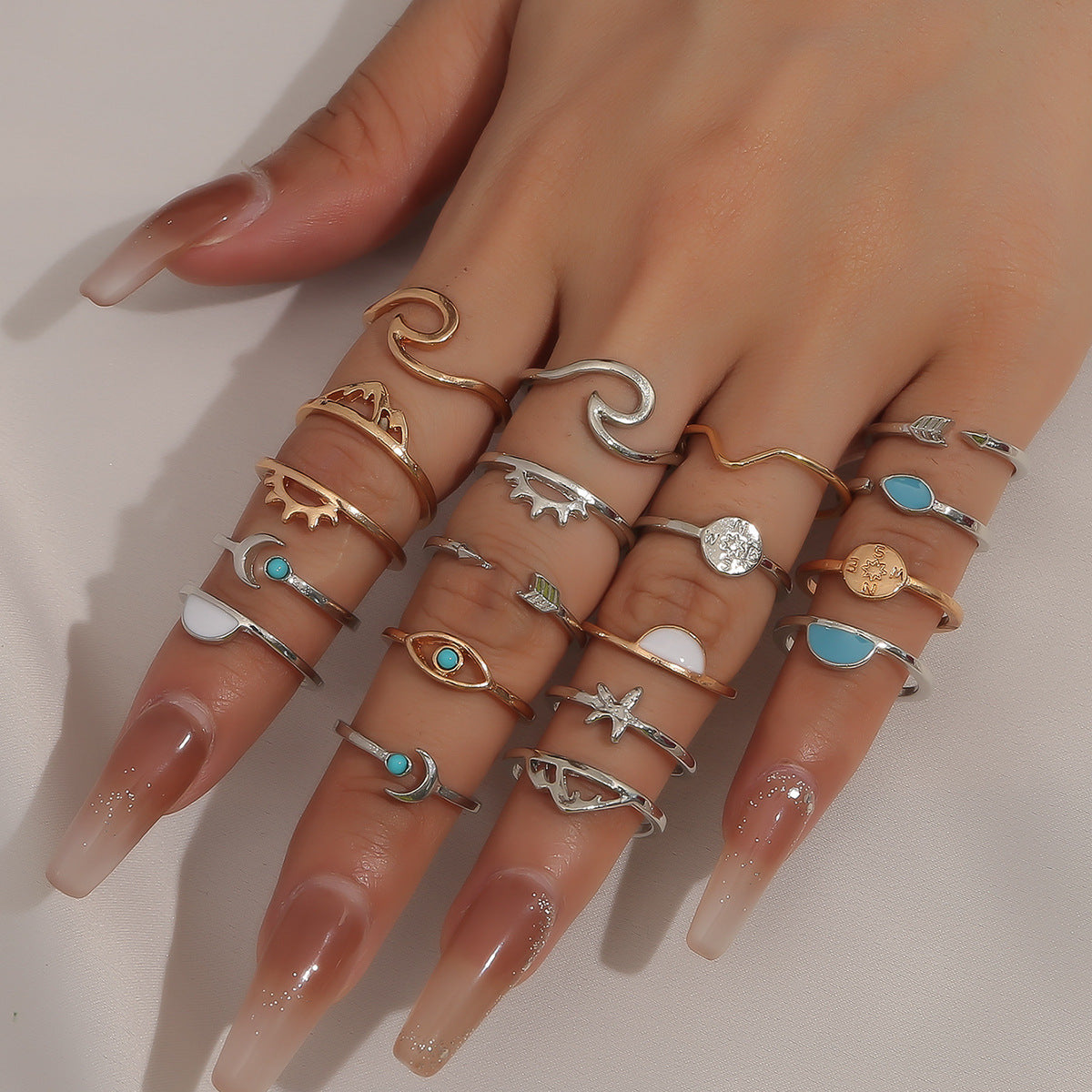 Womens 19 Piece Alloy Ring Set Vintage Sun Eye Moon Design Crown Rings Cupid Arrow Irregular One Size Jewelry Set