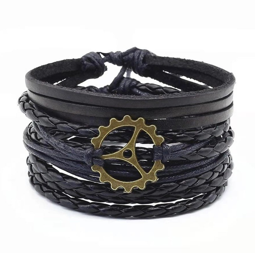 Mens Leather Braided Bracelet European Design Alloy Inlaid Gemstones Retro Geometric Accessory Woven Wristband