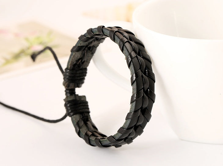 Handmade Braided Leather Bracelet Cowhide Adjustable Wristband For Men And Women Wax Rope Jewelry Gift Everyday Style
