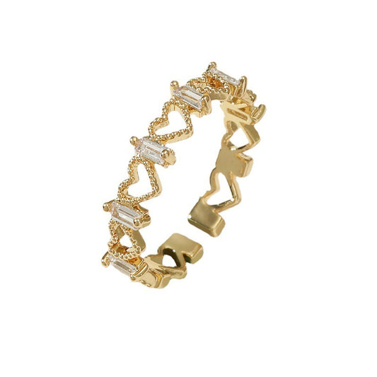 Copper Ring With Zircon Retro Geometric Patterns Design Adjustable Opening Hollow Love Couple Ring Anniversary